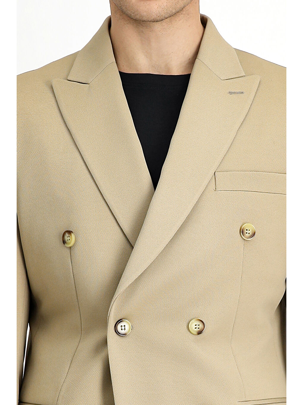 Bej Slim Fit Dar Kesim Kruvaze Takım Elbise-6