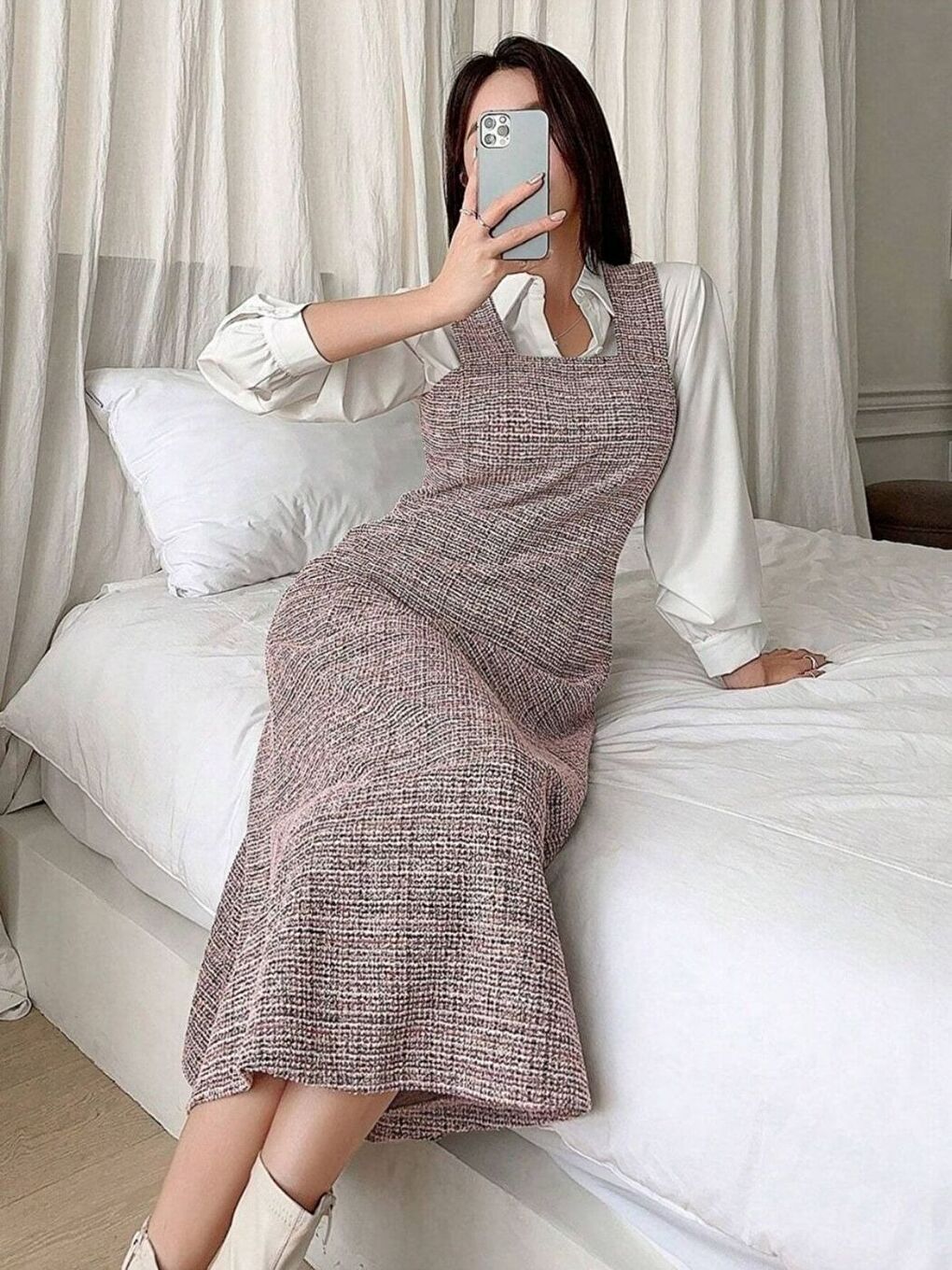 Kahverengi Ekose Desen Tüvit Kumaş Askılı Elbise-1