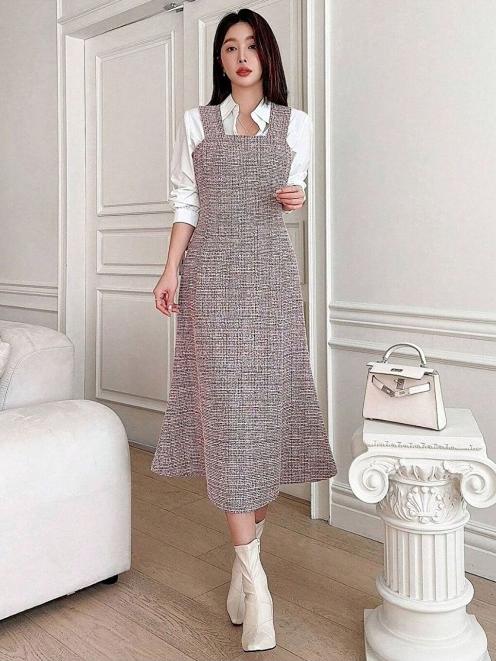 Kahverengi Ekose Desen Tüvit Kumaş Askılı Elbise-2