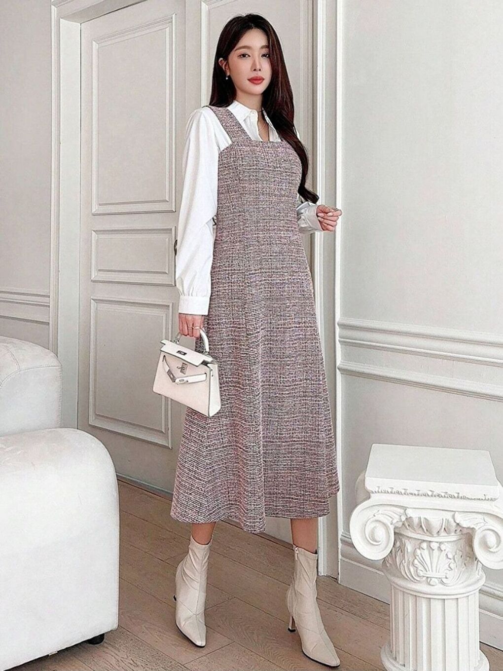 Kahverengi Ekose Desen Tüvit Kumaş Askılı Elbise-3