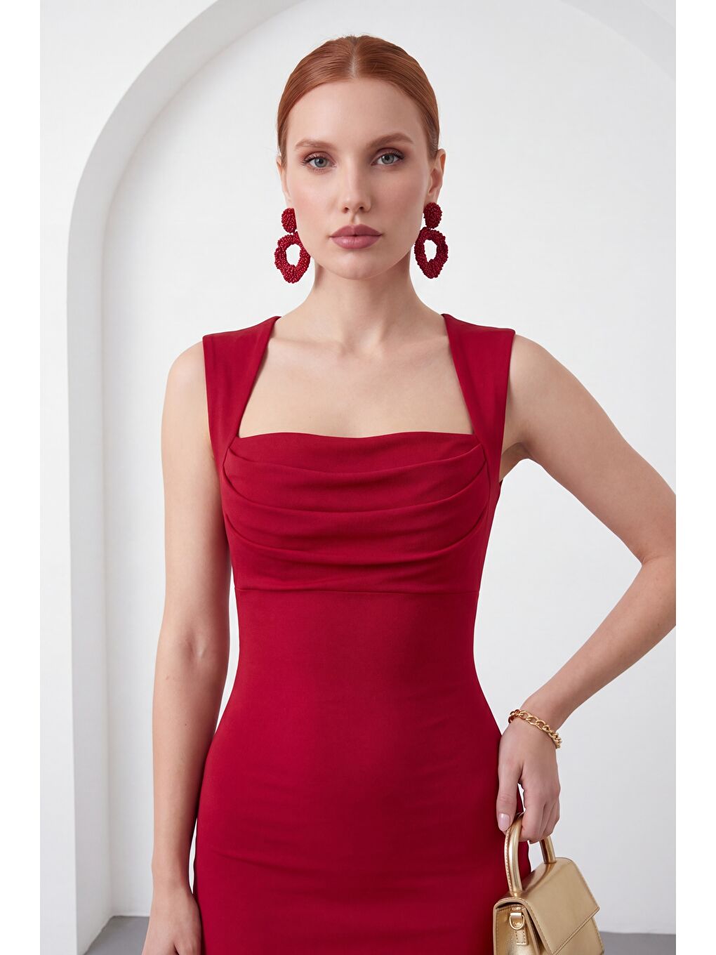 Kadın Bordo Kare Yaka Kolsuz Krep Davet Elbisesi-2