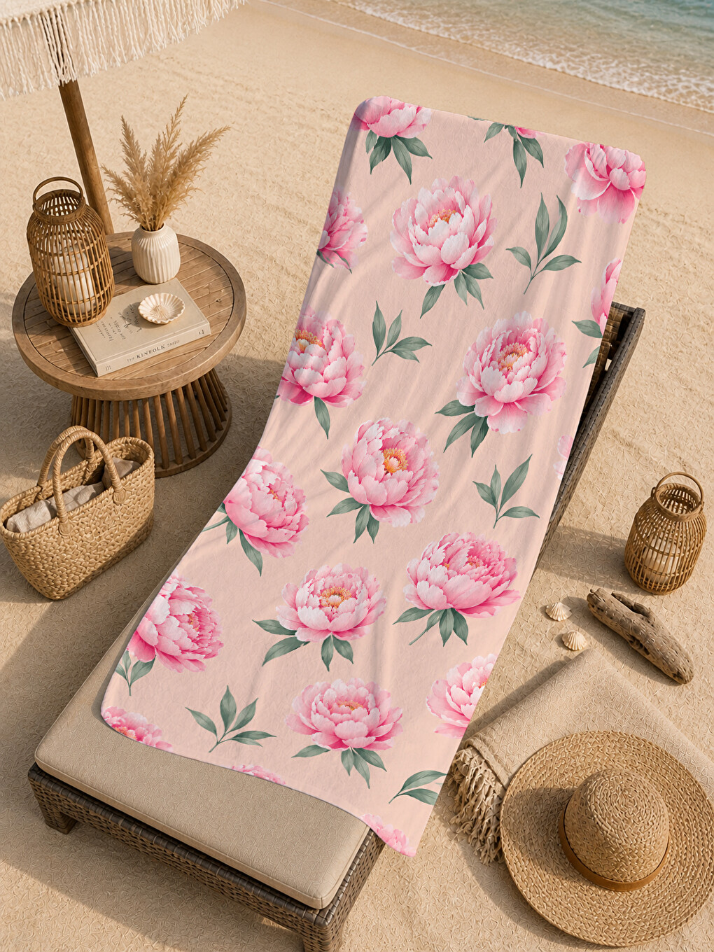 Romantik Pudra Pembe Şakayık Çiçekli Botanik Desenli 70x150 Plaj Havlusu - Pamuklu Banyo Havlusu