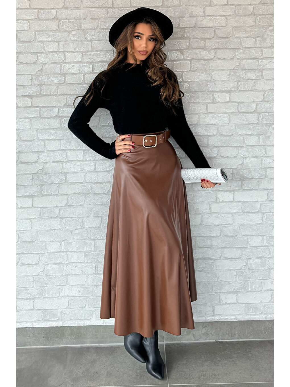 Kahverengi Kadın Suni Deri Kiloş Etek