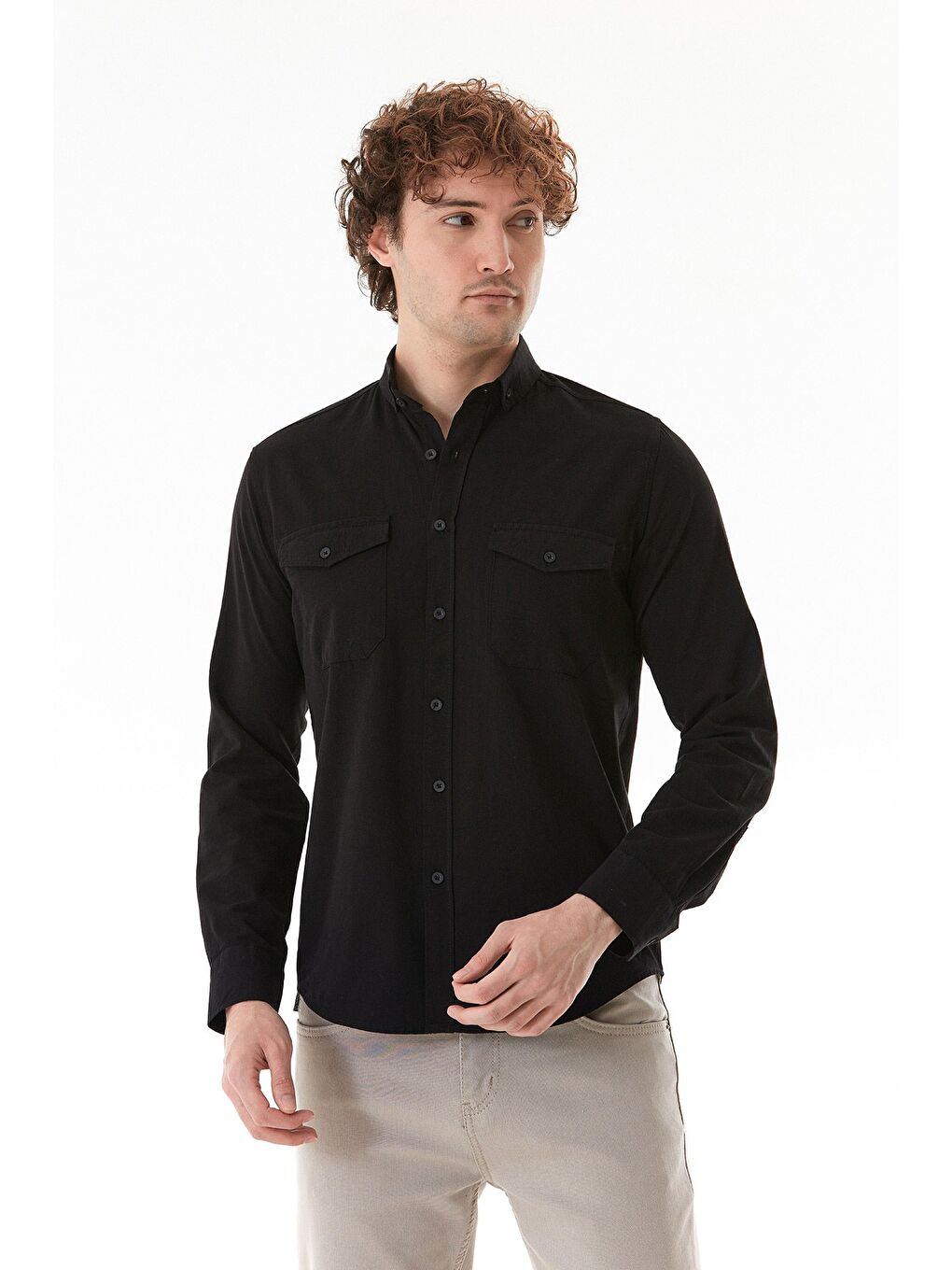 Siyah Basic Çift Cepli %100 Pamuk Gömlek