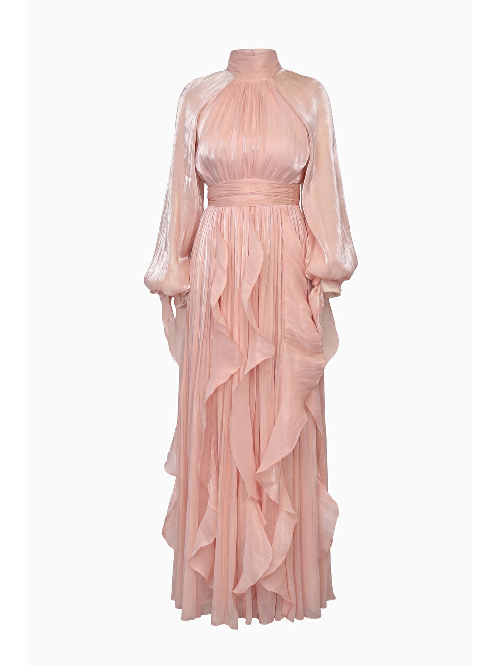 Kadın Pembe Hakim Yaka Volanlı Uzun Kol Davet Elbisesi-6