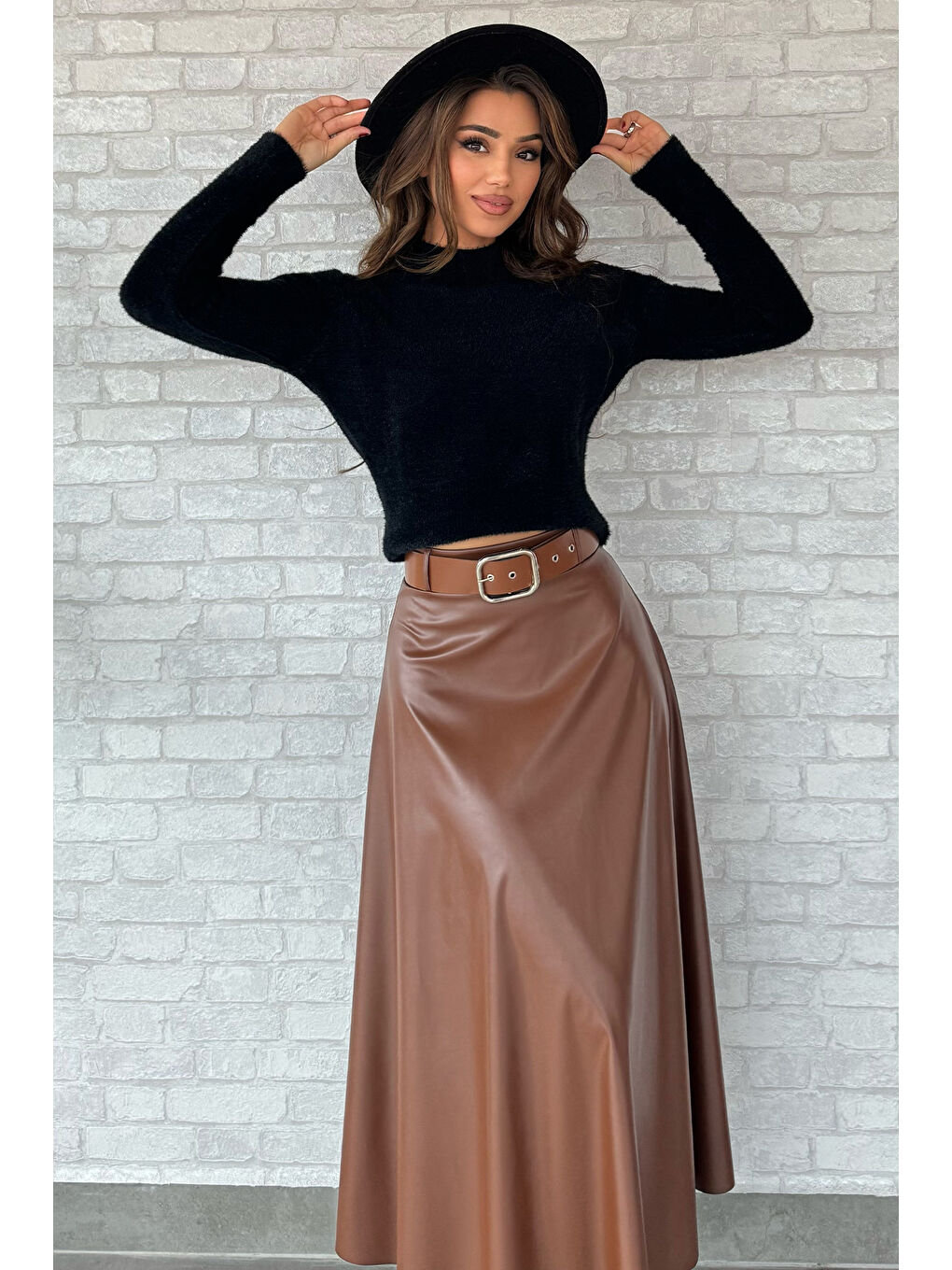 Kahverengi Kadın Suni Deri Kiloş Etek-1