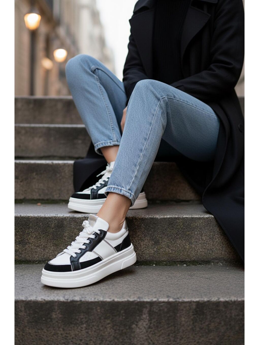 Garantili Tetra Siyah-Beyaz Günlük Ortopedik Kadın Sneaker Spor Ayakkabı-2