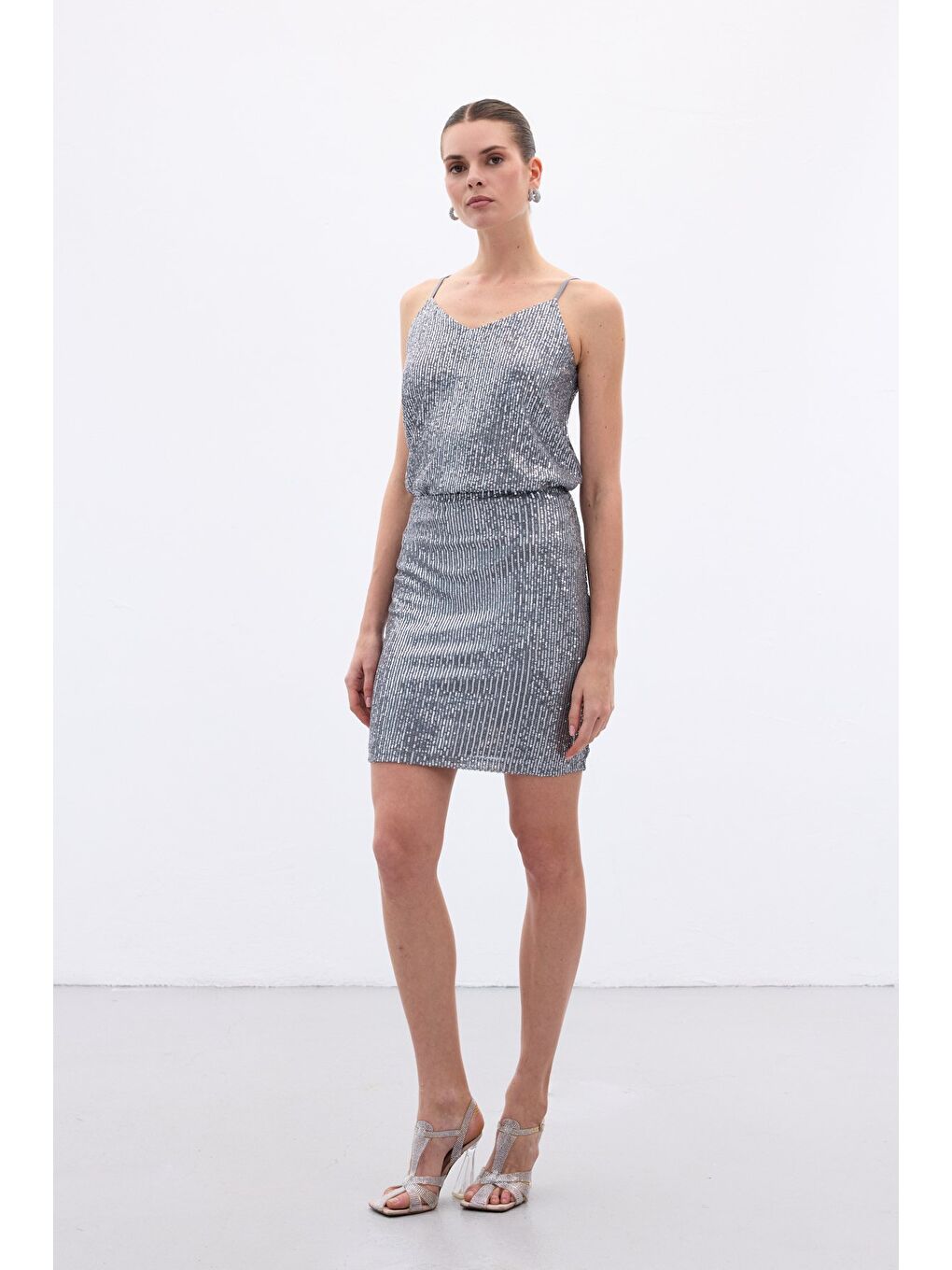 Payetli Mini Etek - Gri