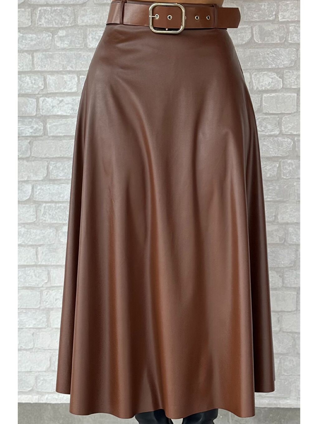 Kahverengi Kadın Suni Deri Kiloş Etek-2
