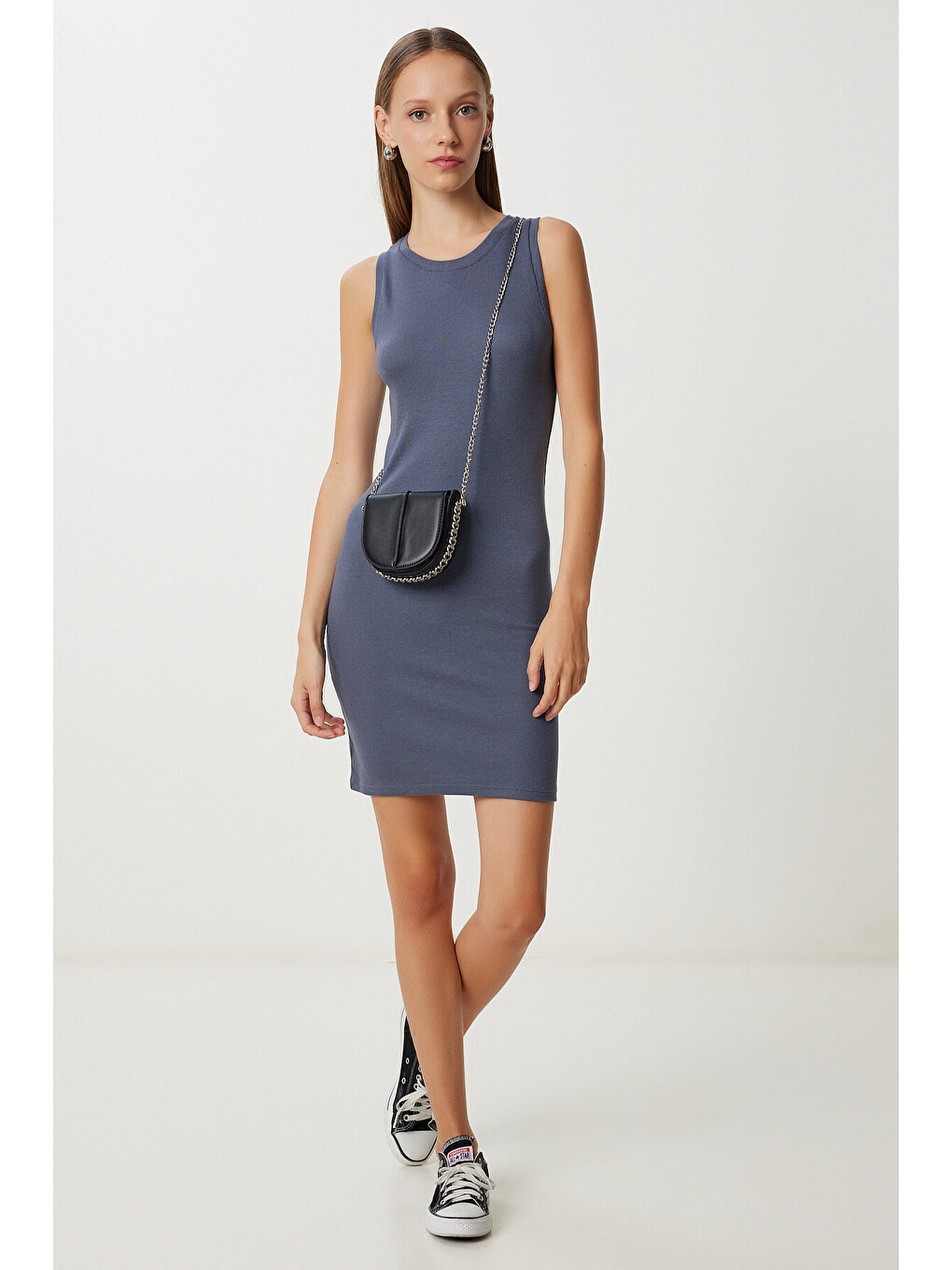 Antrasit Basic Fitilli Örme Mini Elbise ANTRASİT LUB0171