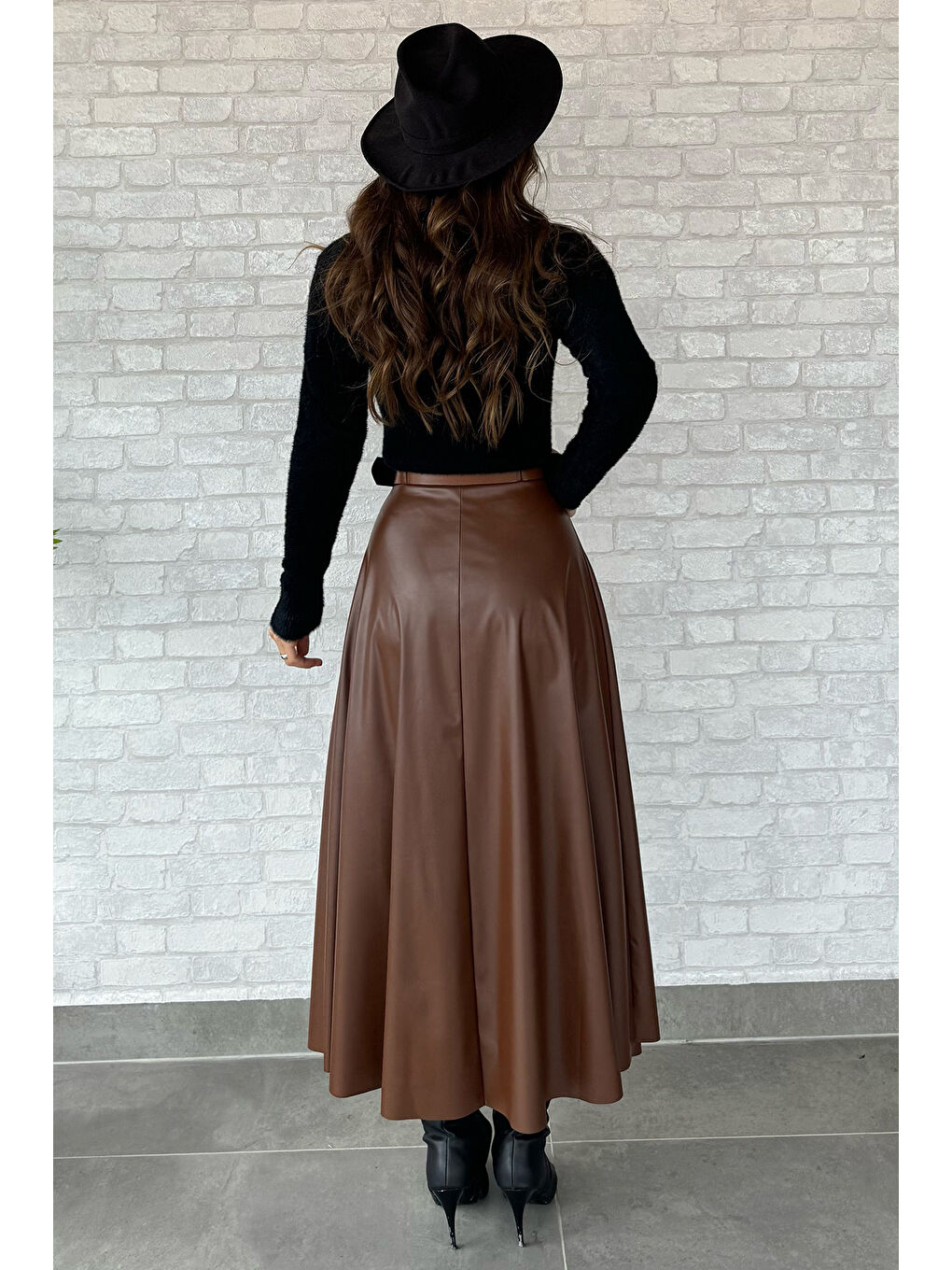 Kahverengi Kadın Suni Deri Kiloş Etek-3