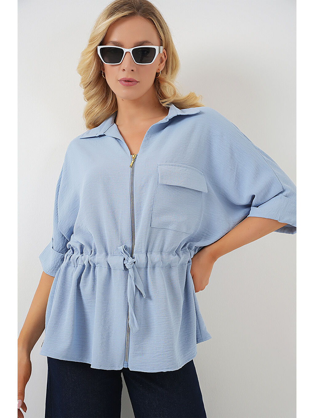 Fermuarlı Kadın Gömlek 0721 - Mavi