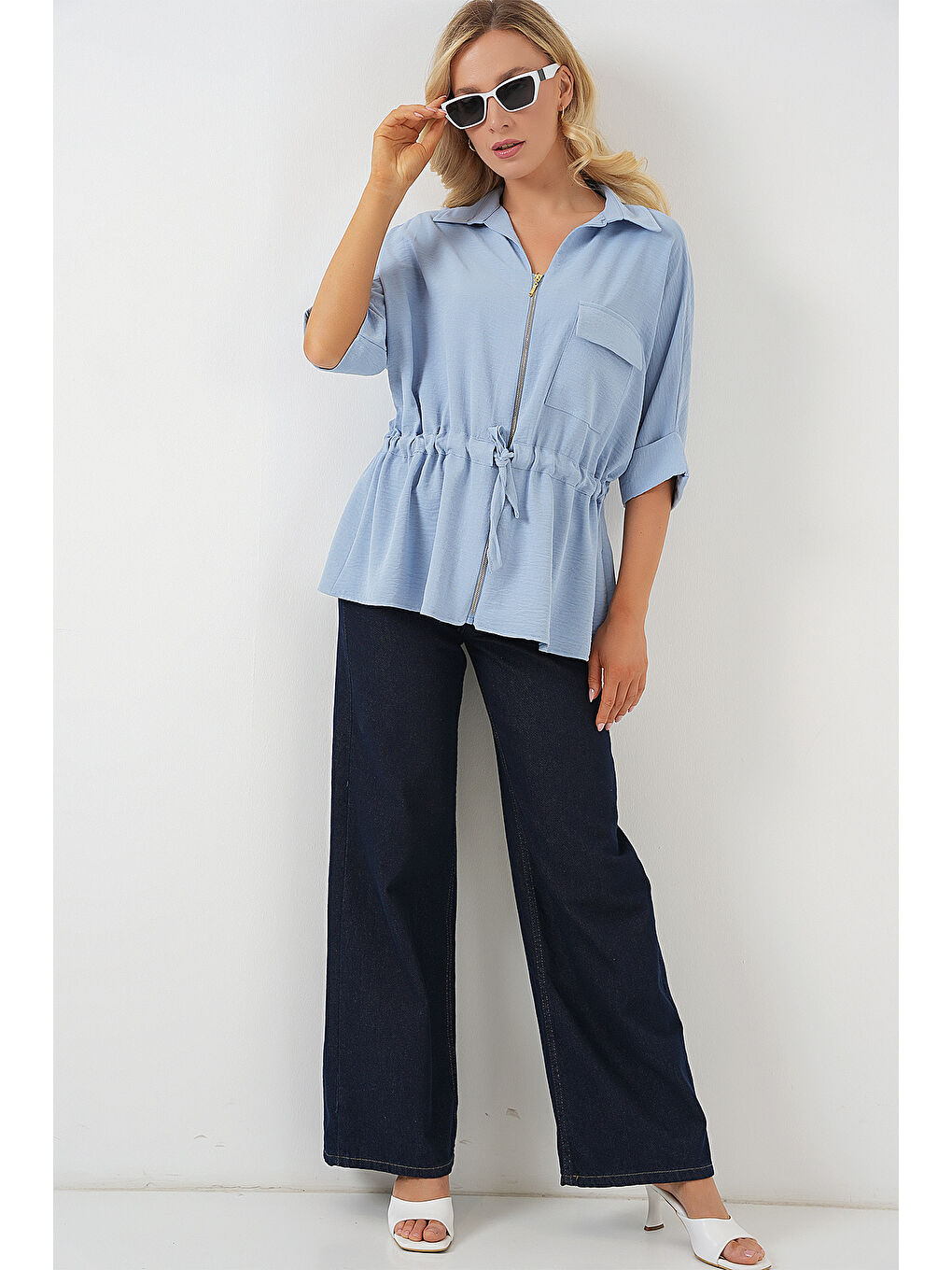 Fermuarlı Kadın Gömlek 0721 - Mavi-1