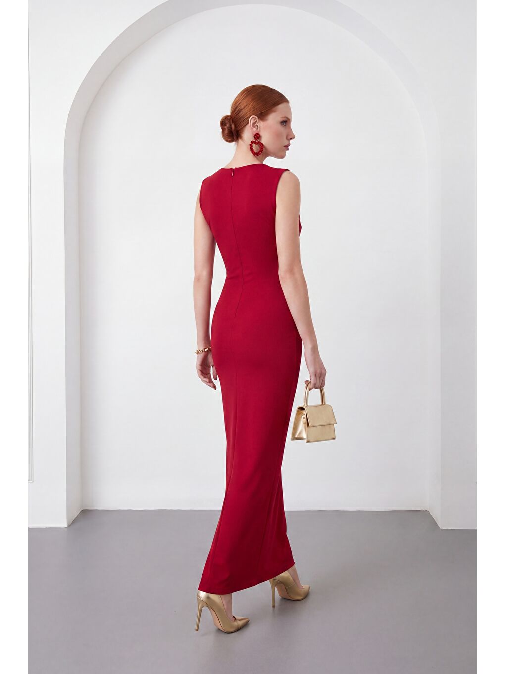 Kadın Bordo Kare Yaka Kolsuz Krep Davet Elbisesi-3