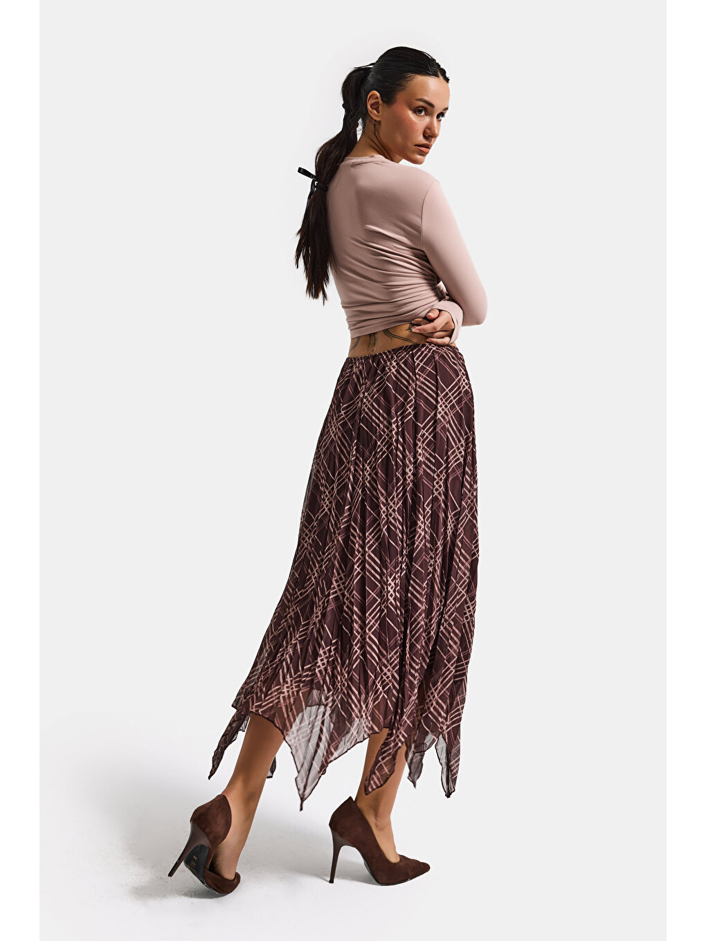 Kahverengi Kadın Kahve Ekose s6-6 Maxi Boy Saten Kumaş Etek-1