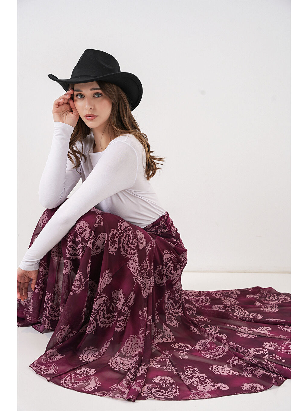 Kadın Desenli Şifon Etek 8057 - Bordo-3