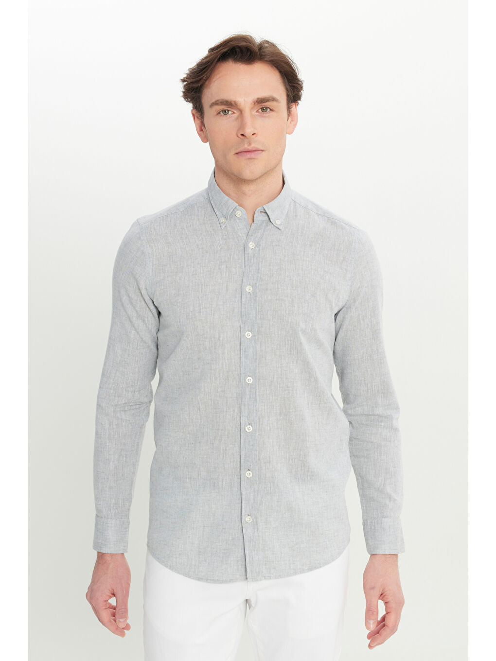 Erkek Gri Pamuklu Keten Slim Fit Dar Kesim Düğmeli Yaka Çizgili Gömlek-2