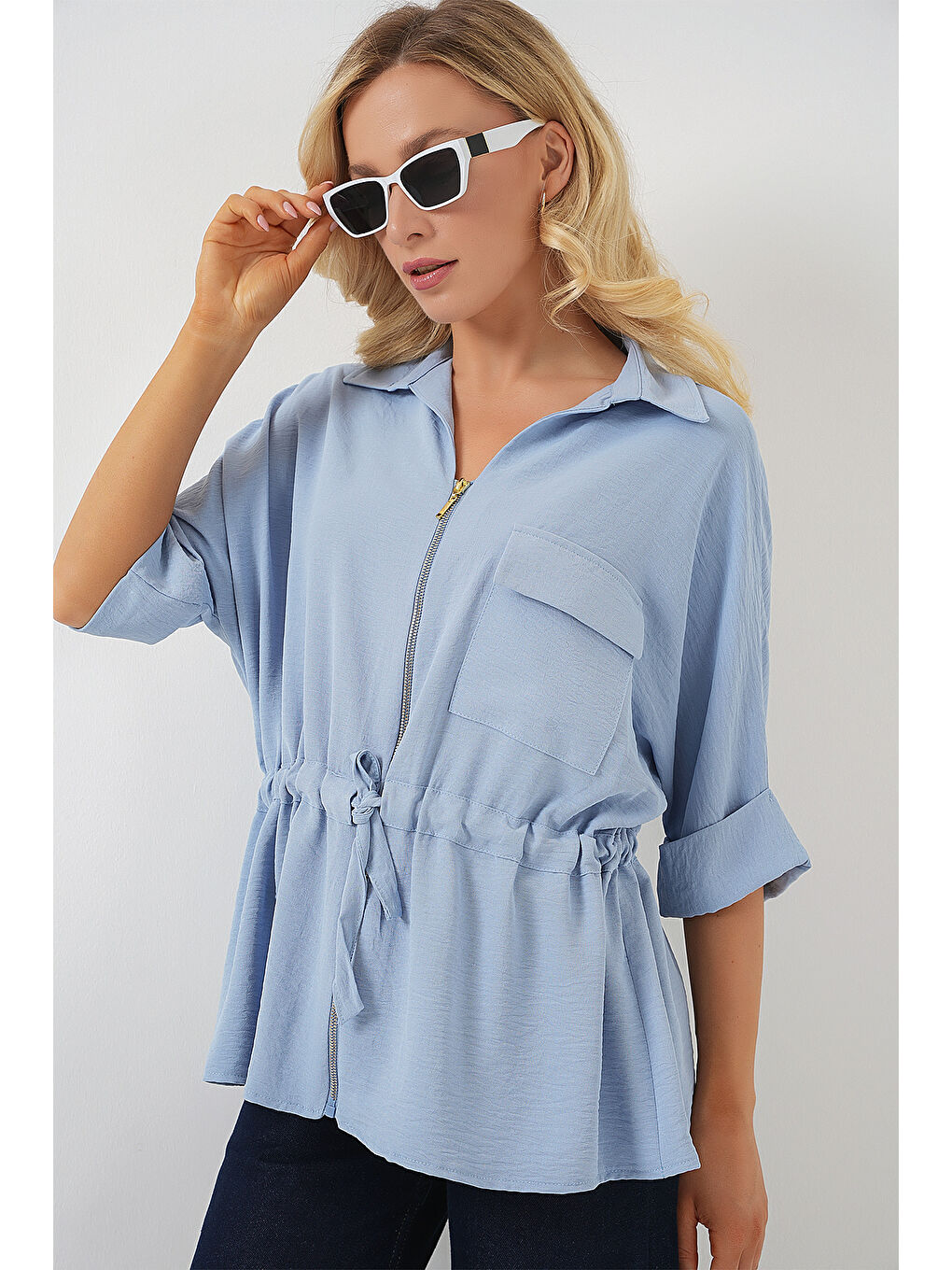 Fermuarlı Kadın Gömlek 0721 - Mavi-2