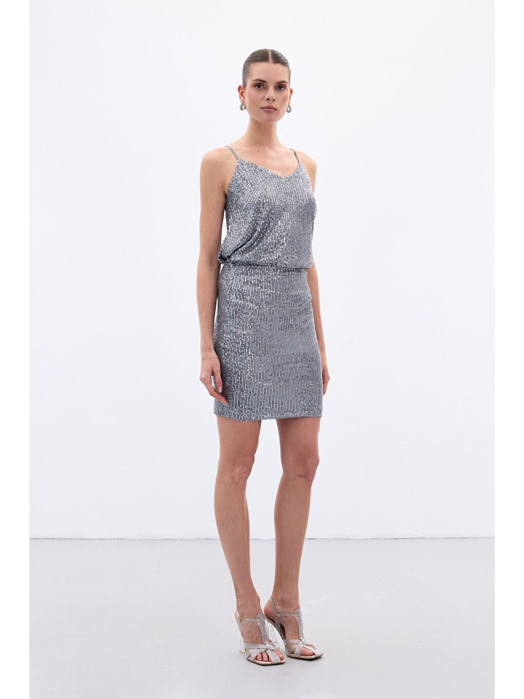 Payetli Mini Etek - Gri-1