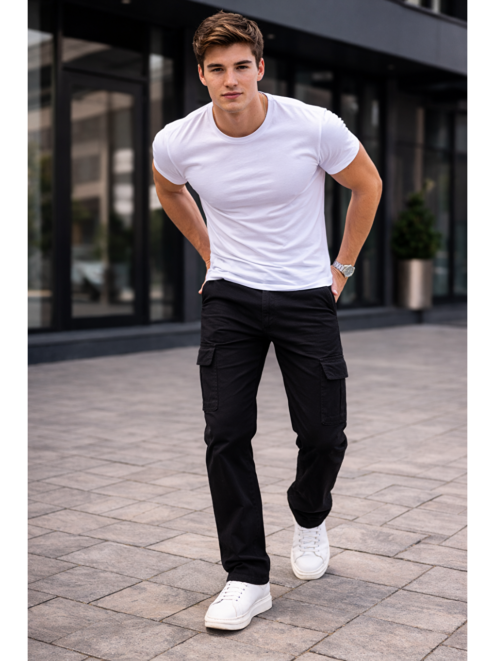 Erkek Trend Bol Paça Günlük Kargo Siyah Baggy Pantolon-2