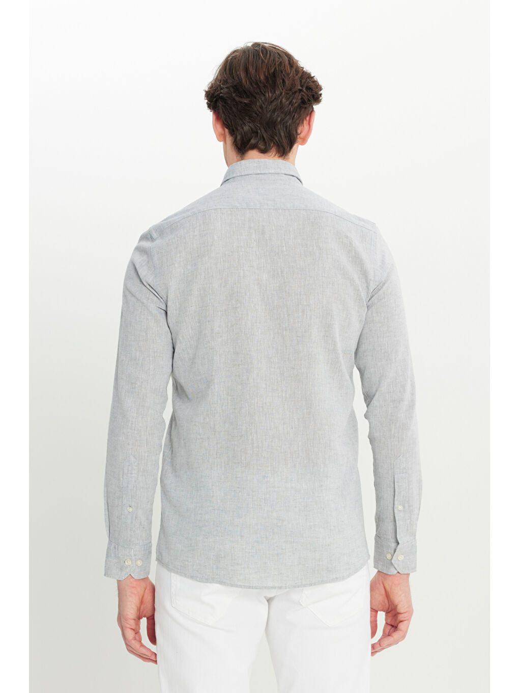 Erkek Gri Pamuklu Keten Slim Fit Dar Kesim Düğmeli Yaka Çizgili Gömlek-4