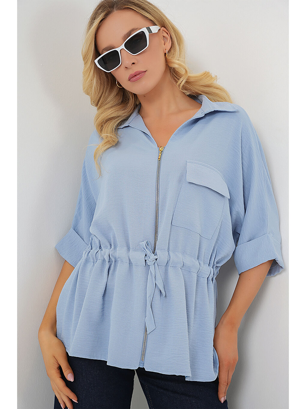 Fermuarlı Kadın Gömlek 0721 - Mavi-3