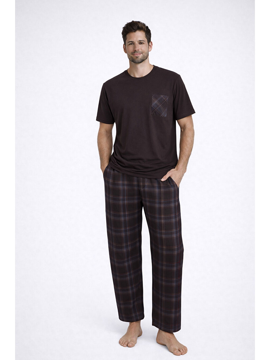 Kahverengi Erkek Pamuklu Üst Füme Göğüs Cepli Kısa Kollu Pijama Takımı