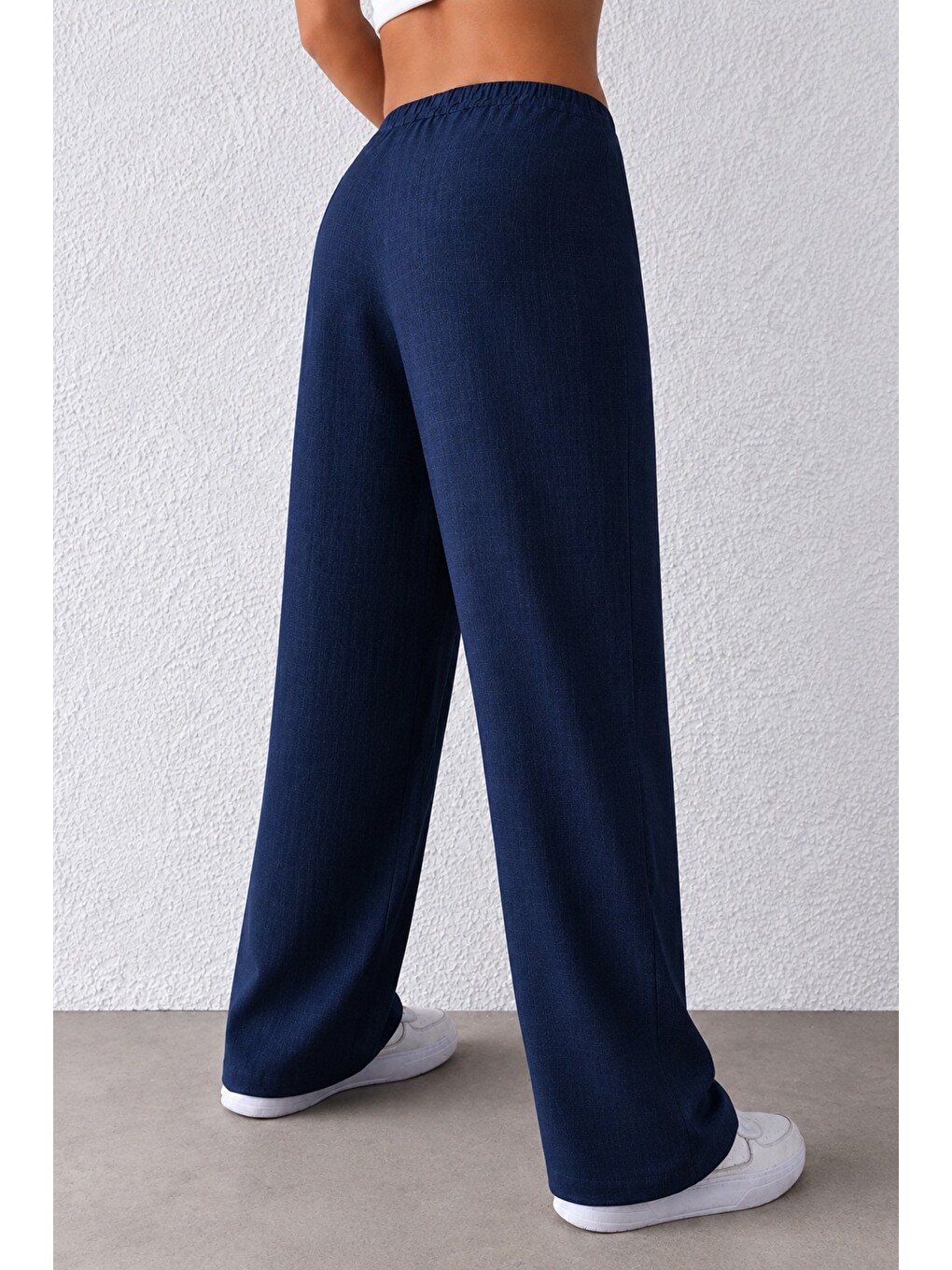 Lacivert Kadın Wide Leg Pantolon Ön Cep Detaylı Rahat Kalıp Günlük Pantolon-2