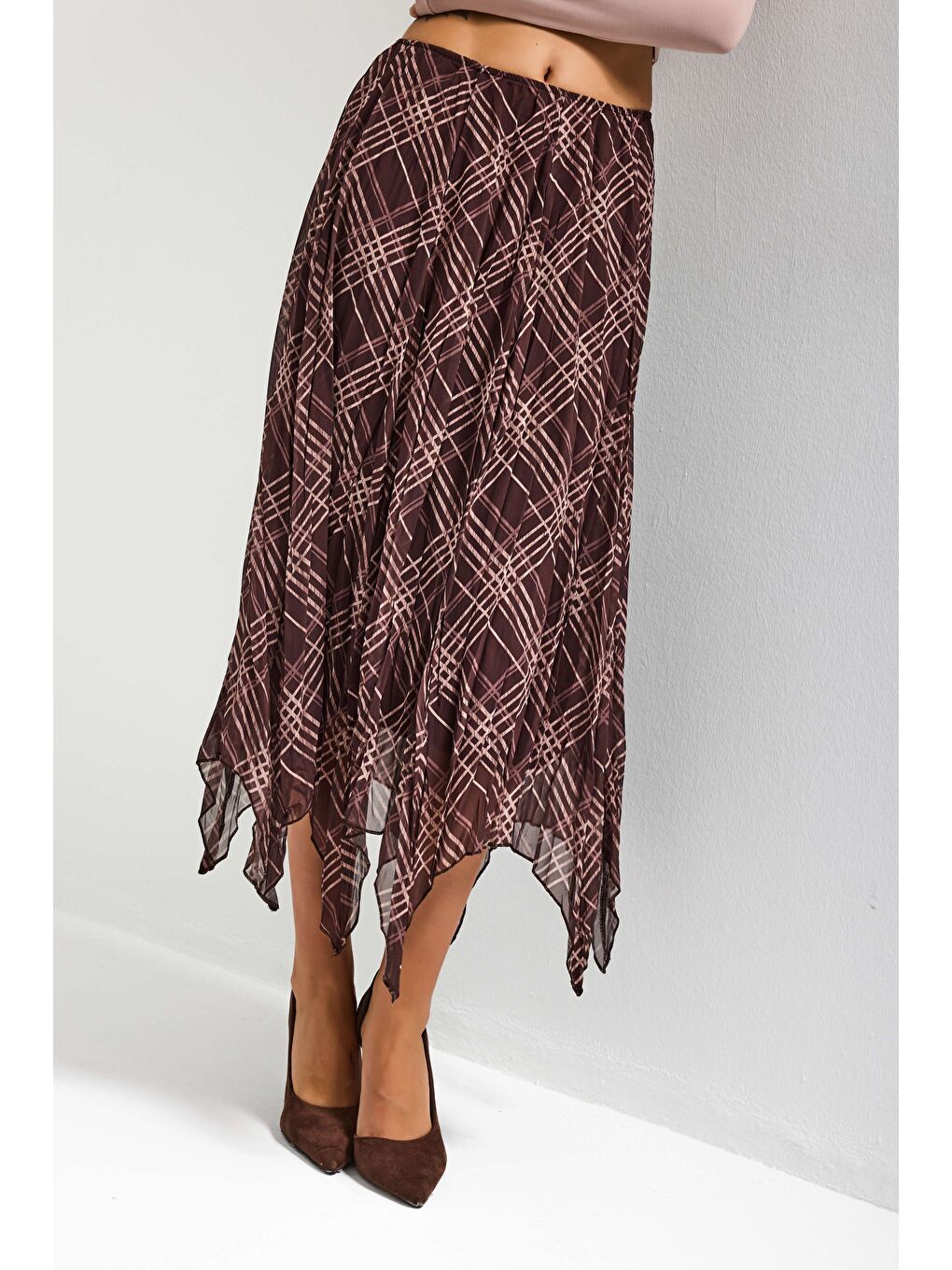 Kahverengi Kadın Kahve Ekose s6-6 Maxi Boy Saten Kumaş Etek-2