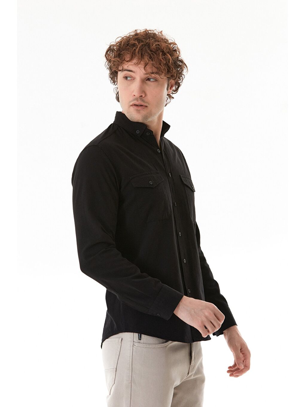Siyah Basic Çift Cepli %100 Pamuk Gömlek-2