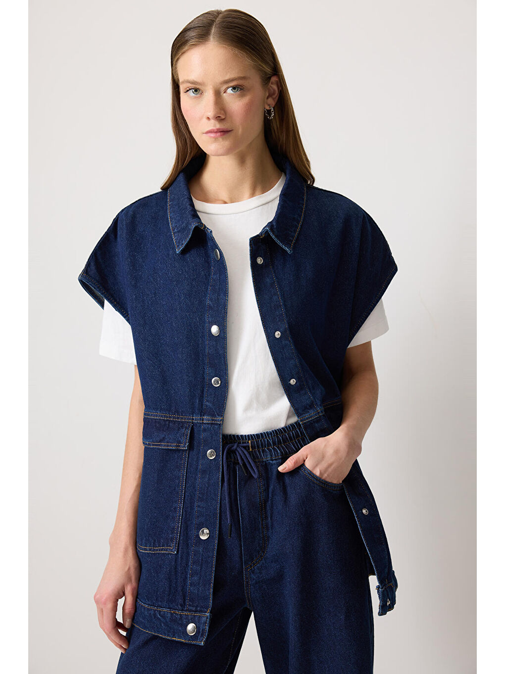 Lacivert Cepli Denim Yelek-1