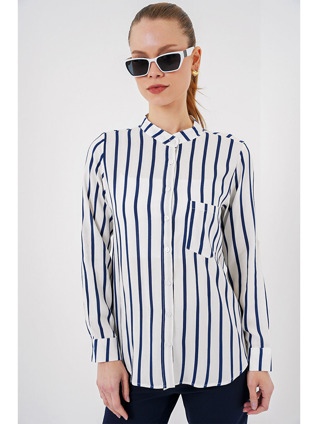 Kadın Uzun Kollu Çizgili Gömlek 20283 - B.Lacivert