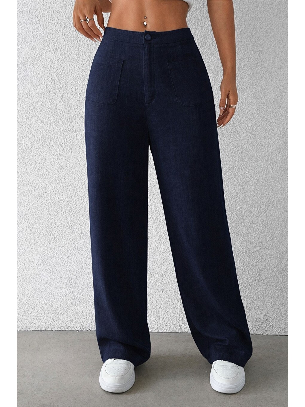 Lacivert Kadın Wide Leg Pantolon Ön Cep Detaylı Rahat Kalıp Günlük Pantolon-3
