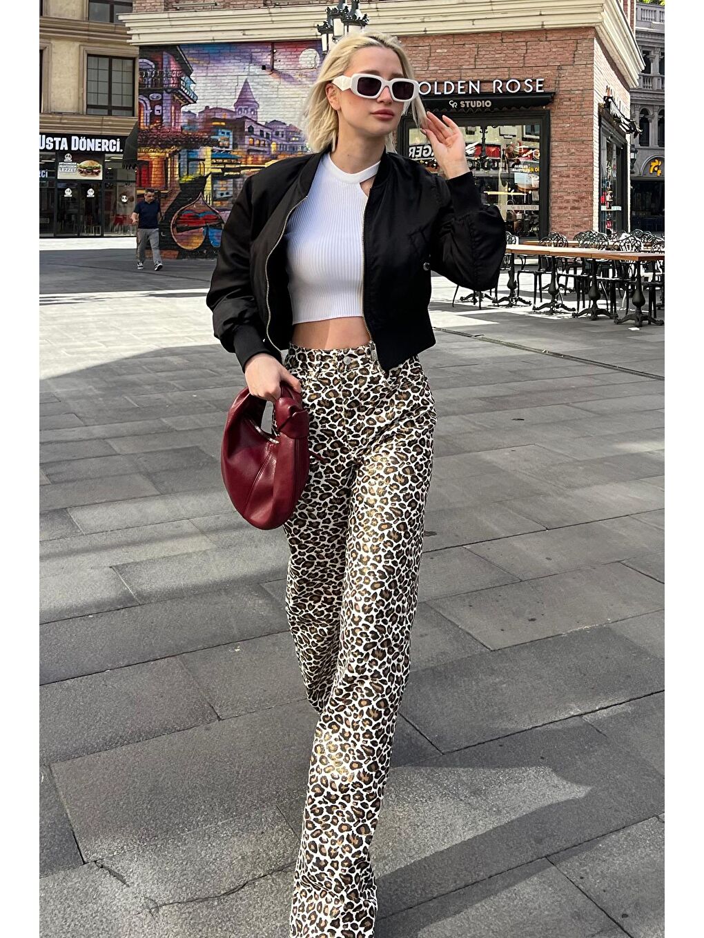 Kahverengi Leopar Palazzo Kadın Jean Pantolon Mg2063-1