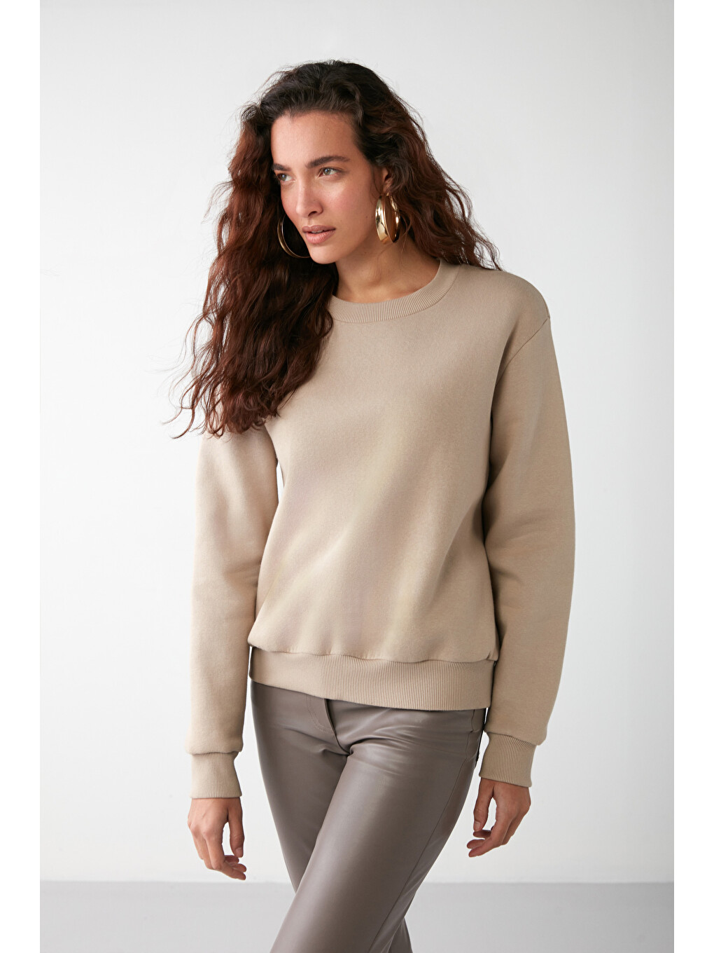 Bej Vaneltına Kadın Organik Pamuklu Yumuşacık İçi Polarlı Yuvarlak Yakalı Vizon Sweatshirt-1