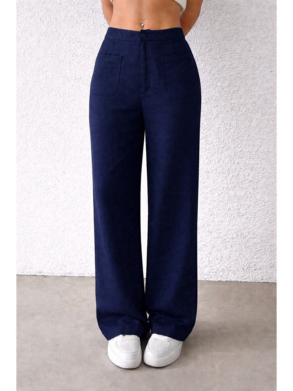 Lacivert Kadın Wide Leg Pantolon Ön Cep Detaylı Rahat Kalıp Günlük Pantolon-4