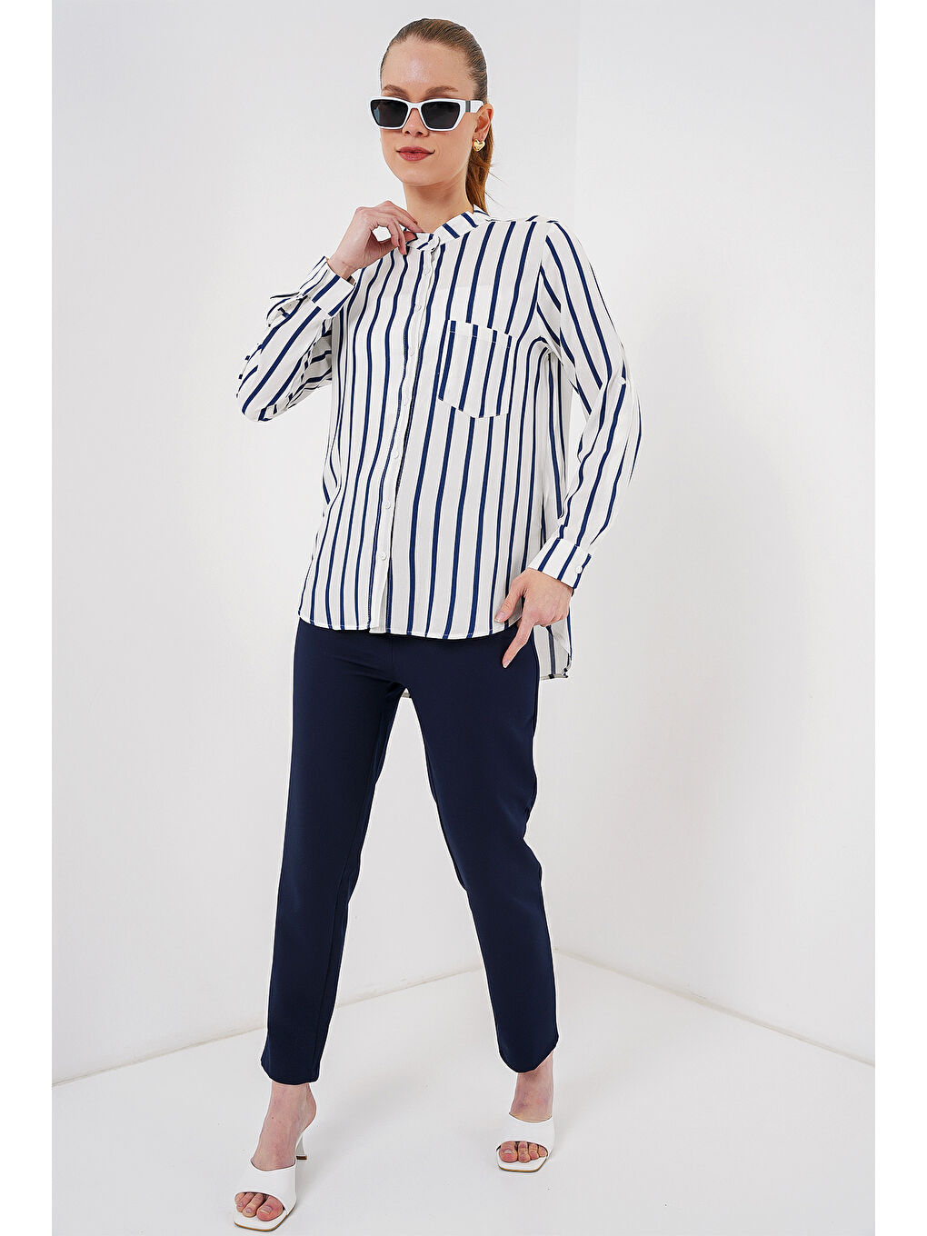 Kadın Uzun Kollu Çizgili Gömlek 20283 - B.Lacivert-1