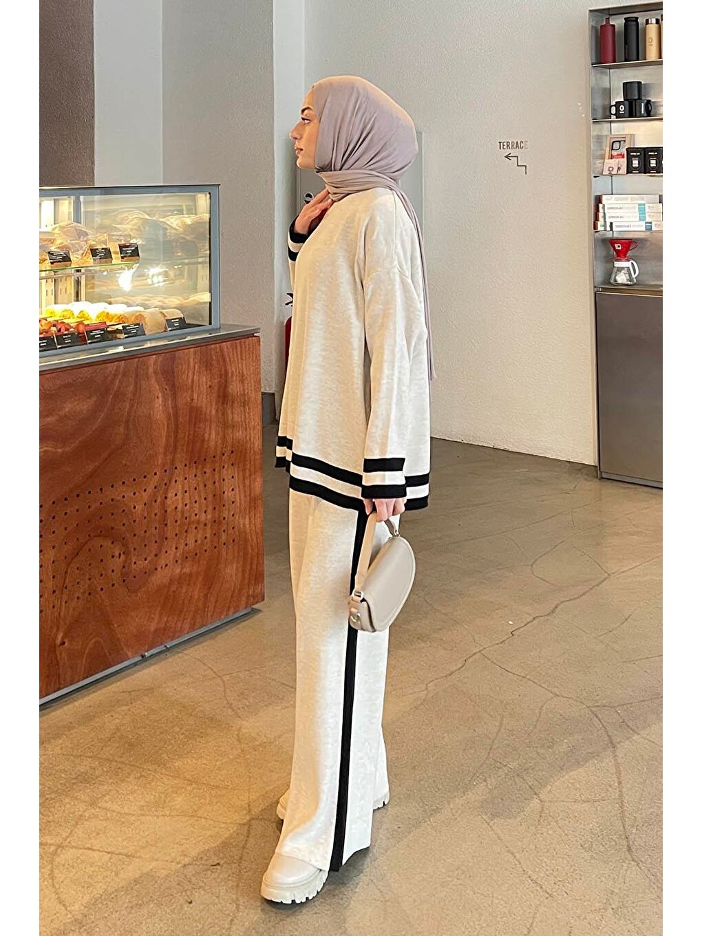 Ekru Çizgili Pantolon Triko Tesettür Takım Krem-1