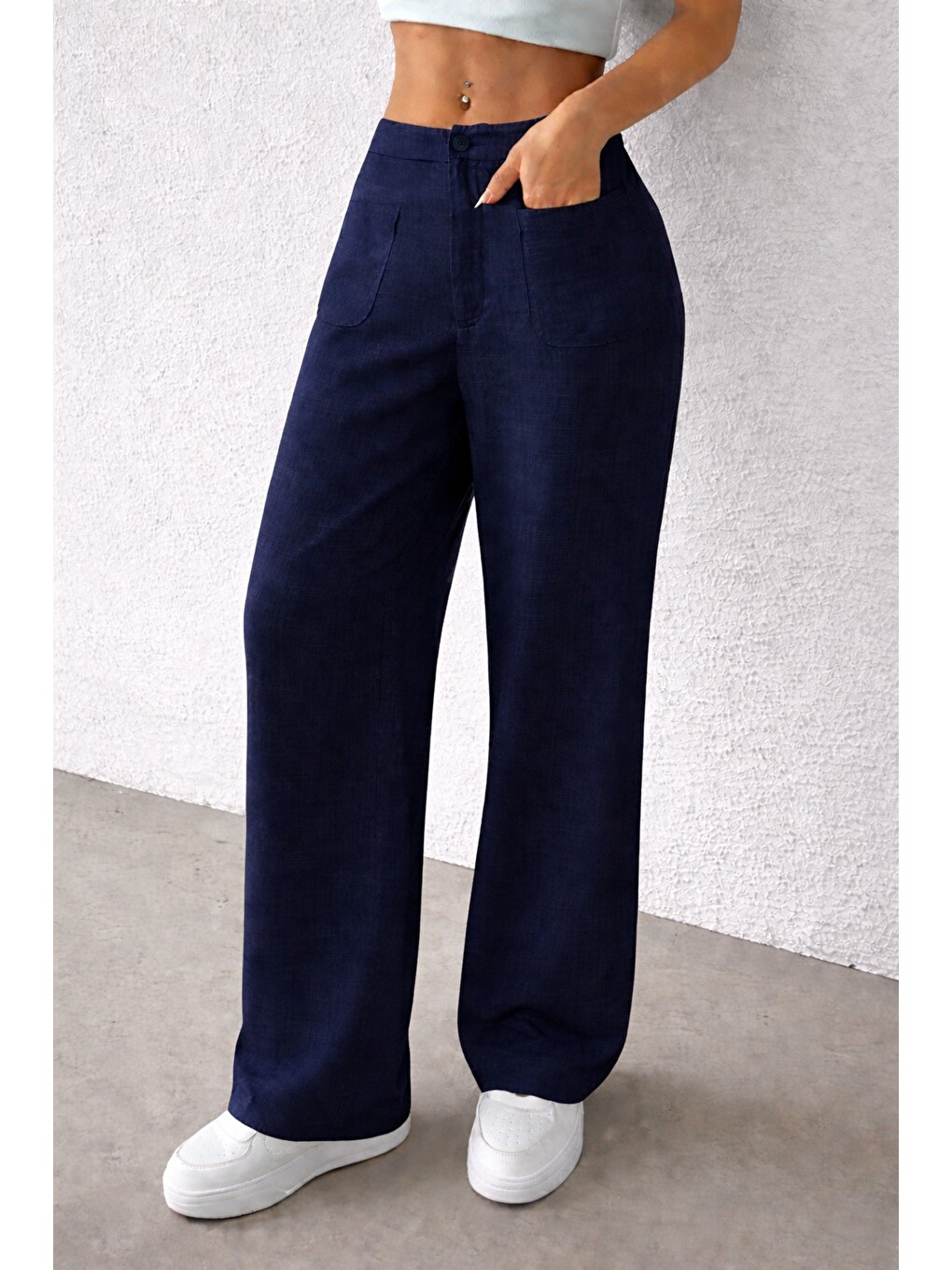 Lacivert Kadın Wide Leg Pantolon Ön Cep Detaylı Rahat Kalıp Günlük Pantolon-5