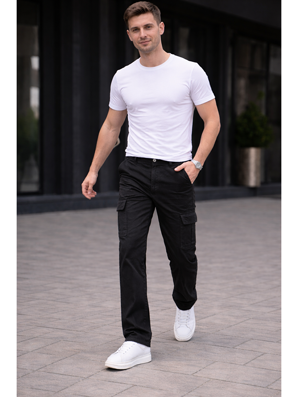 Erkek Trend Bol Paça Günlük Kargo Siyah Baggy Pantolon-3