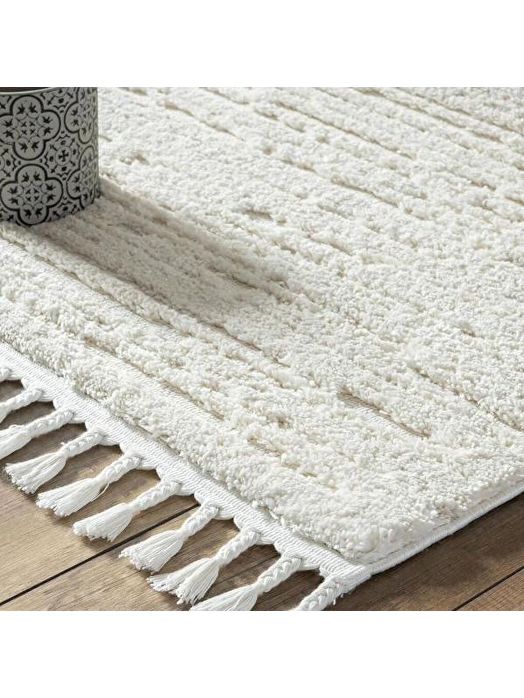 Ekru Bilbao White Swan Saçaklı Çizgi Desenli Halı - Krem - 160x230 cm-1