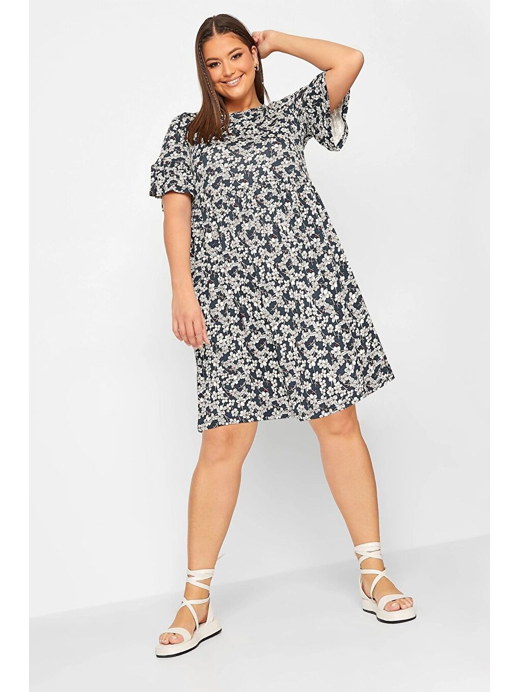 Lacivert Büyük Beden Desenli Fırfırlı Yarım Kol Elastanlı Kısa Elbise 302358