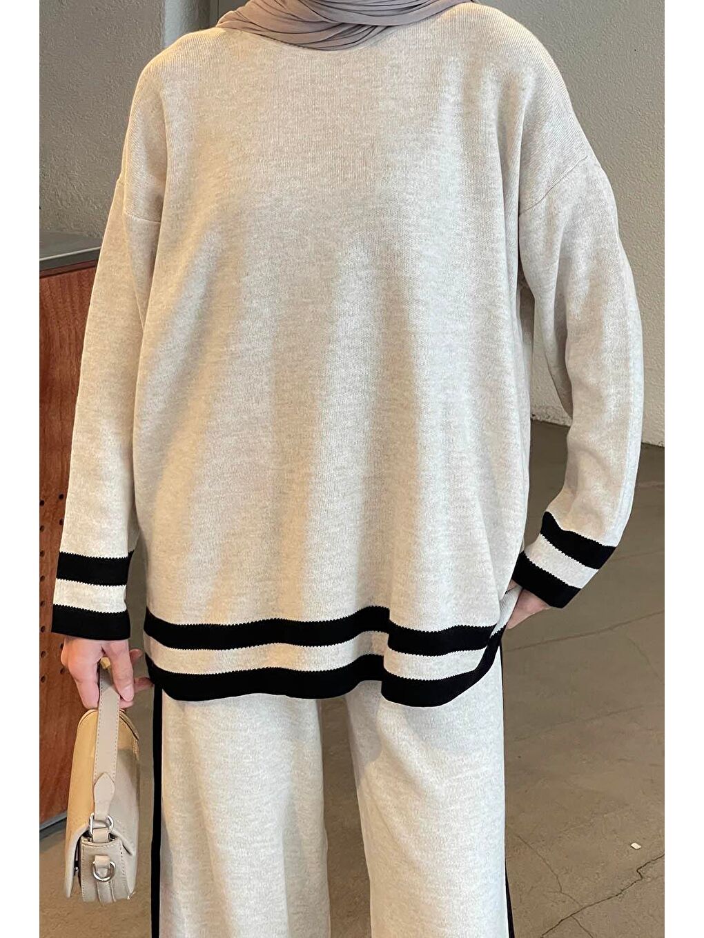 Ekru Çizgili Pantolon Triko Tesettür Takım Krem-2