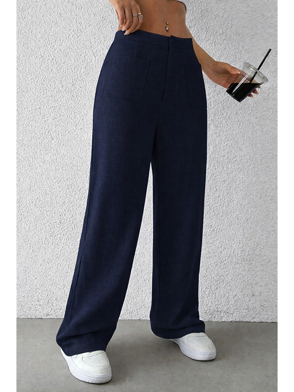 Lacivert Kadın Wide Leg Pantolon Ön Cep Detaylı Rahat Kalıp Günlük Pantolon-6