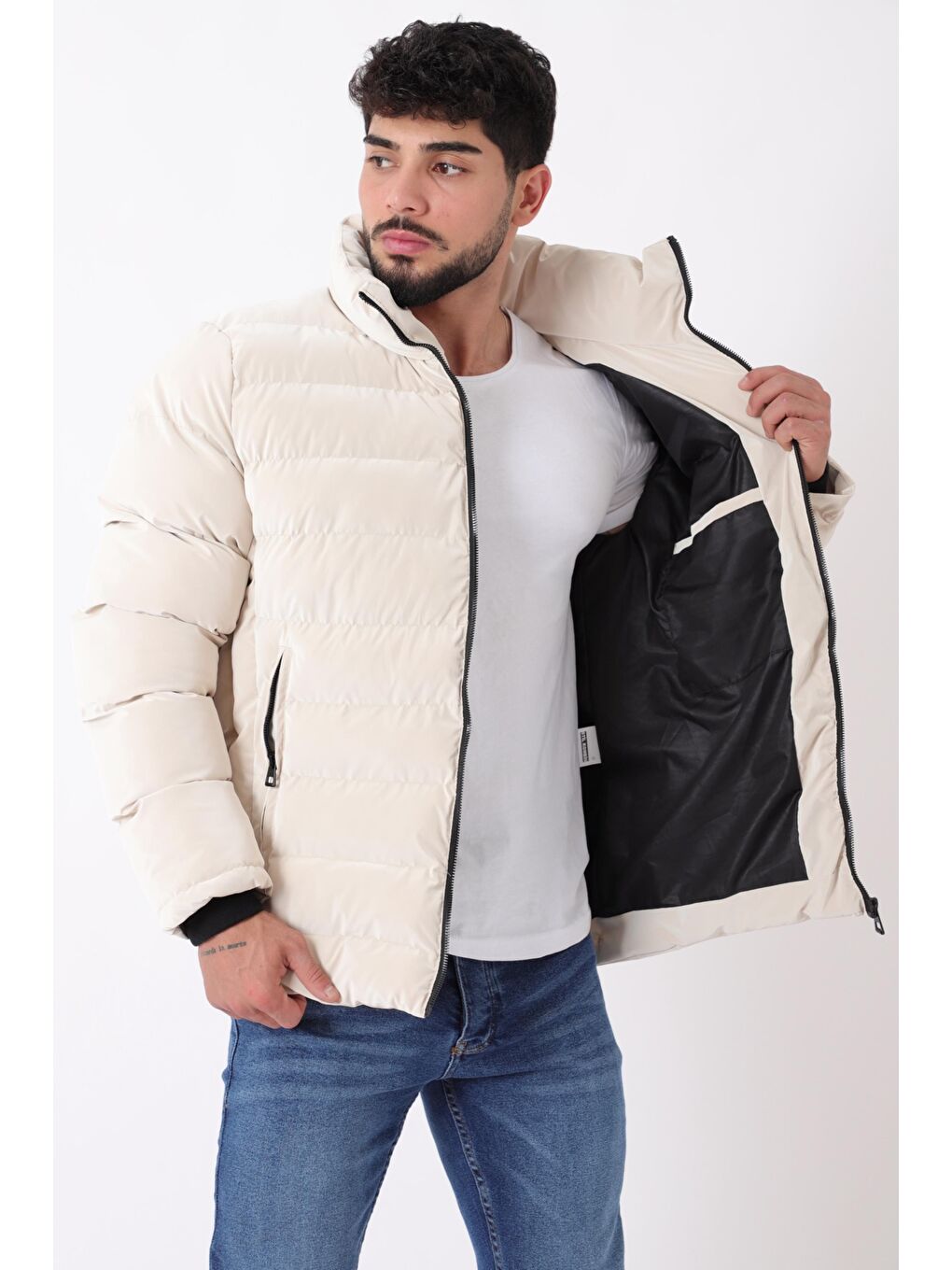 Ekru Cep Detay Dik Yaka Armalı Nova Kışlık Mont PLDP 3012_50463-3