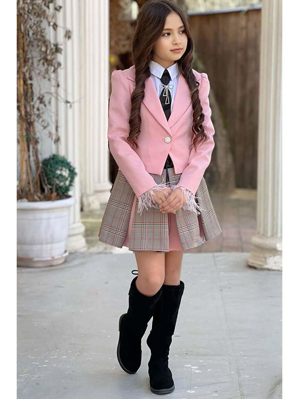 Kız Çocuk Blazer Ceket, Kravat Çizgili Pembe Etekli Takım