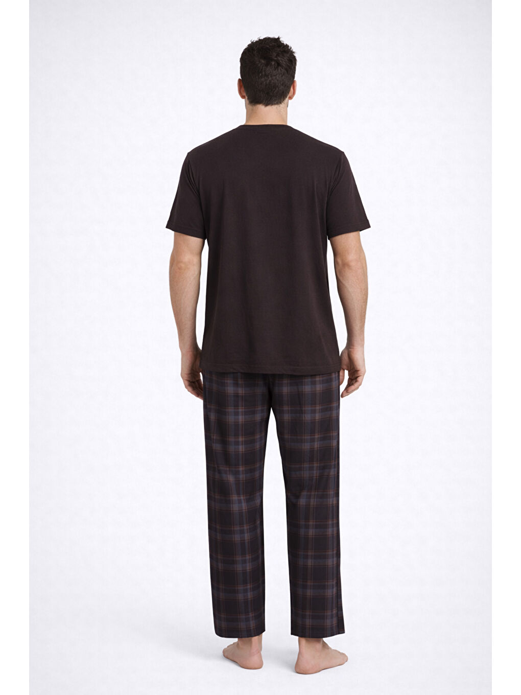 Kahverengi Erkek Pamuklu Üst Füme Göğüs Cepli Kısa Kollu Pijama Takımı-2