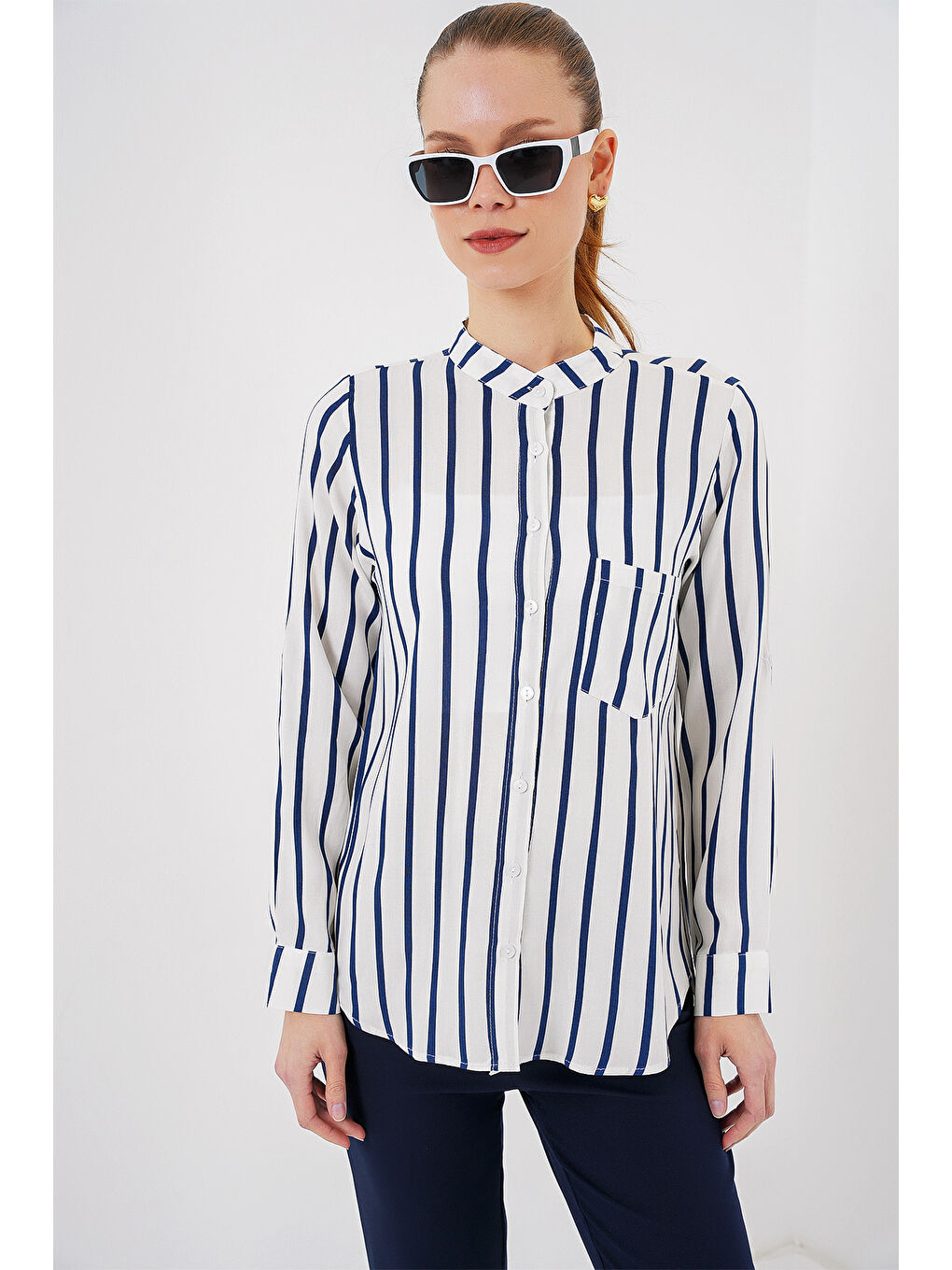 Kadın Uzun Kollu Çizgili Gömlek 20283 - B.Lacivert-3