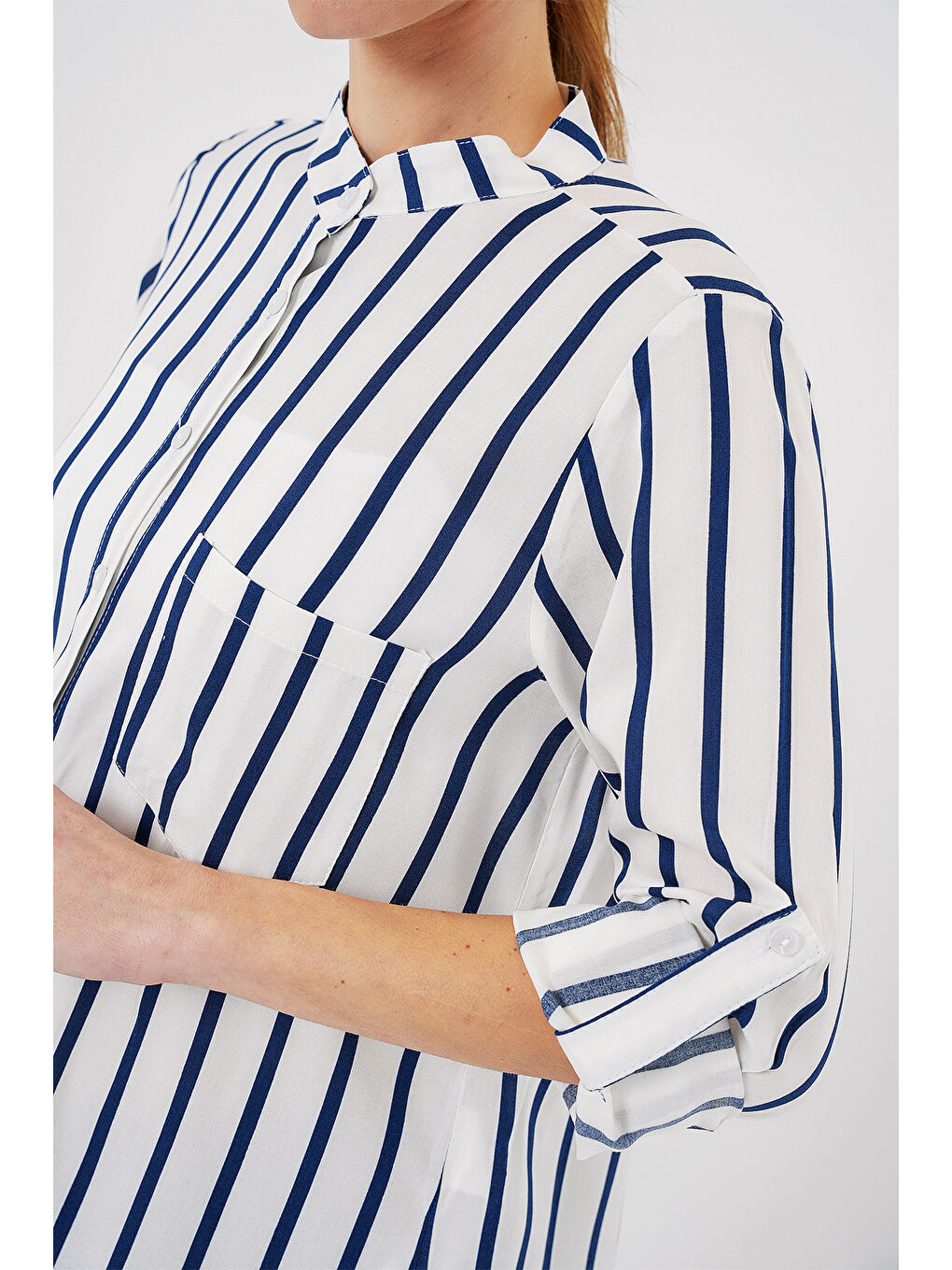 Kadın Uzun Kollu Çizgili Gömlek 20283 - B.Lacivert-4