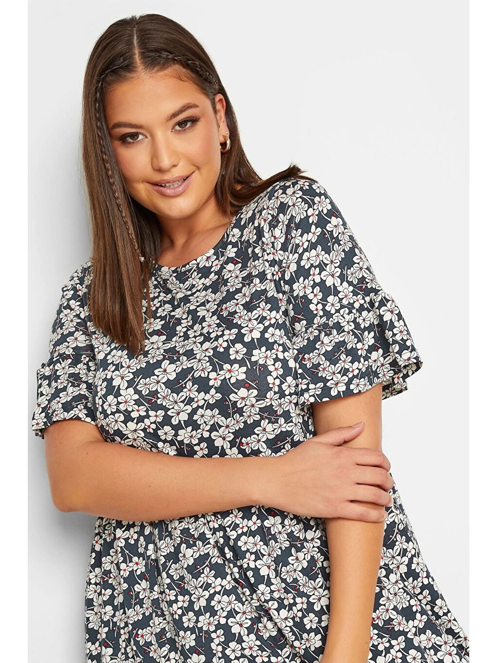 Lacivert Büyük Beden Desenli Fırfırlı Yarım Kol Elastanlı Kısa Elbise 302358-1